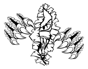 A monster, animal or dinosaur with talons or claws tearing a rip through the background wall