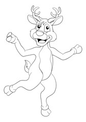 Christmas Santas reindeer cartoon character dancing or running along. In black and white outline like a coloring book page.