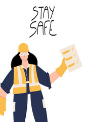 Stay safe handwritten phrase poster and sticker design vector. Construction or factory female worker wearing hard hat, safety gloves, safety glasses, high visibility vest. Woman with check-list