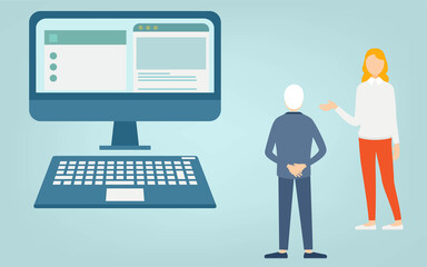 パソコンモニターの横で高齢男性に報告をする女性