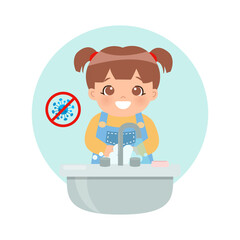 Cute little girl washing her hand at sink to prevent bacteria and corona virus. Flat vector cartoon style isolated on white.