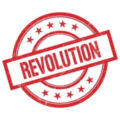 REVOLUTION text written on red vintage round stamp.