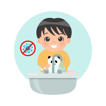 Cute little boy washing his hand at sink to prevent bacteria and corona virus. Flat vector cartoon style isolated on white.