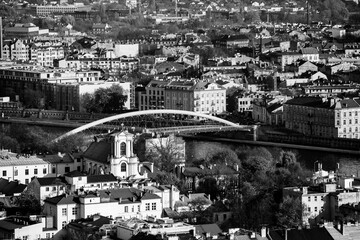 Top view in the historic city of Krakow, Poland. Black and white photo.