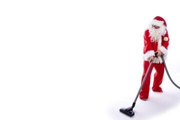 Santa Claus is cleaning the house. White background.