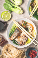 Hot Soba noodles with seafood and fish or noodles soup based on Dashi broth with various ingredients. Asian food concept