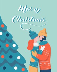 Christmas card. A couple hugs next to a Christmas tree. Lettering Merry Christmas. Vector illustration. Banner, poster, template.