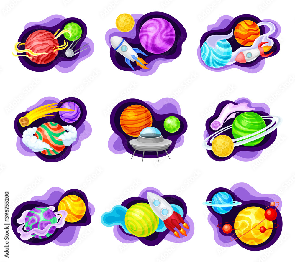 Poster cosmos with celestial body and flying spaceship on fluid purple shape vector composition set