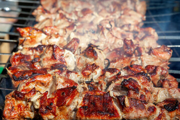Pork meat on an open fire. B-B-Q. Shag on the barbecue. Cooking with coal. juicy ruddy kebabs on the grill.