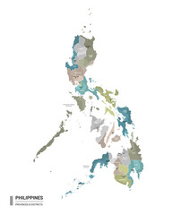 Philippines higt detailed map with subdivisions. Administrative map of Philippines with districts and cities name, colored by states and administrative districts. Vector illustration.