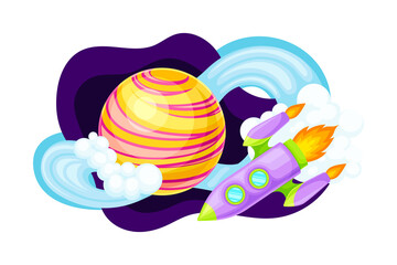 Fluid Purple Shape with Solar System Planet and Flying Space Ship Vector Illustration