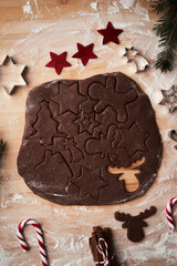 Vertical top view of raw gingerbread dough on wooden table
