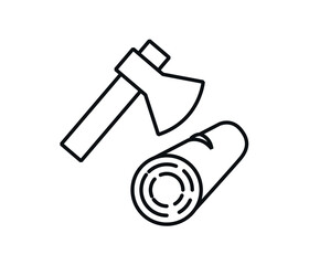 Symbol and icon of a forest stump with an ax, felling tree.
