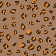 Hand-drawn brown and orange animalistic, brindle seamless pattern on brown background. Print, packaging, passport, stationery, cover, wallpaper design. © Kate