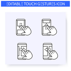 Scroll hand gestures line icons set.Vertical and horisontal swipe. Multitouch gestures for smartphone use. Touchscreen, user interface concept.Isolated vector illustrations.Editable stroke 