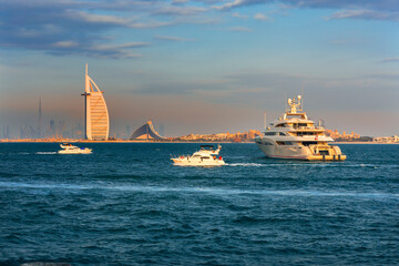 Dubai city center and Sheikh Zayed bussy intersection before  sunset with colorful sky, United Arab...