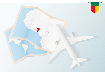 Travel to Benin, top view airplane with map and flag of Benin.