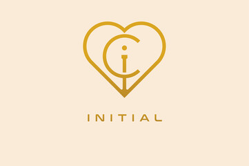 Abstract initials C and I logo, gold colour line style heart and letter combination, usable for brand, card and invitation, logo design template element,vector illustration