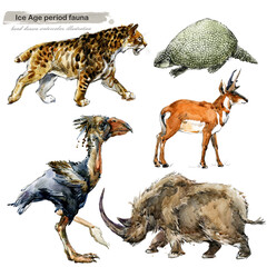 Ice Age period fauna. prehistoric animals. watercolor wild life illustration