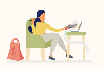 Retail, shop to online. Woman makes purchases via phone online. Vector flat illustration