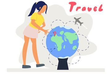 Fototapeta na wymiar the girl chooses where to fly on the world globe. Vector flat illustration.