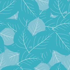 Fototapeta na wymiar Monochrome sky blue aspen leaf seamless vector pattern background. Overlapping scattered hand drawn leaves textural abstract backdrop. Botanical foliage for spring, summer, vacation, beach concept