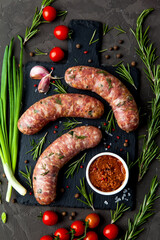Bavarian or Munich hot sausages with seasonings and sauces on a stone board. - 396757617