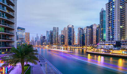 Bussy evening on canal and promenade in lyxury Dubai Marina,Dubai,United Arab Emirates