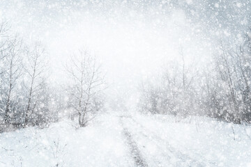 Winter wonderland. Winter snowfall picturesque landscape with the rural road through the snowy...
