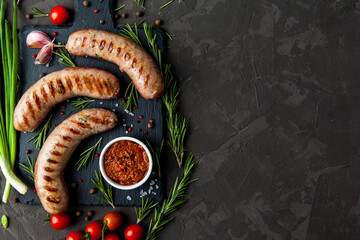 grilled sausages with spices and rosemary in a black background with copy space for text - 396758000