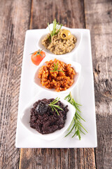 assorted of tapenade- mixed olive dip canape