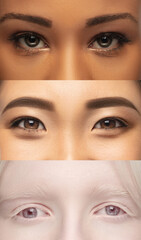 Close up female eyes. Faces of beautiful multi-ethnic young women, focus on eyes. Human emotions, facial expression, cosmetology, body and skin care concept.