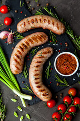 Grilled sausages with rosemary herbs and tomatoes on a black background. Top view - 396758227