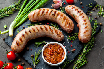 Grilled sausages with rosemary herbs and tomatoes on a black background. Top view - 396758279