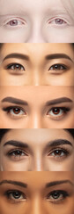 Close up female eyes. Faces of beautiful multi-ethnic young women, focus on eyes. Human emotions, facial expression, cosmetology, body and skin care concept.