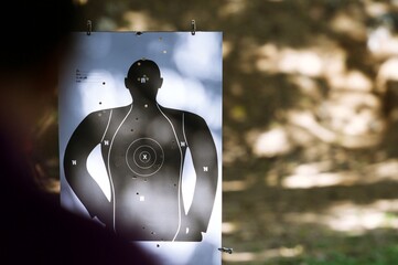 Goal setting with target, objectives and planning concept, top view, You can make a great target of business like a bullet target, gun and bullet holes on paper target