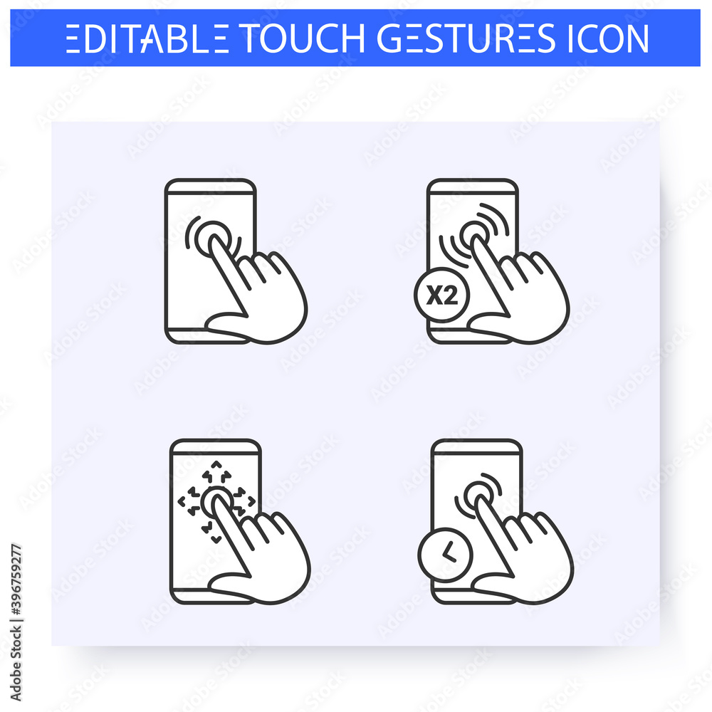 Poster tap hand gestures line icons set. single and double touch, drug, touch and hold.multitouch gestures 