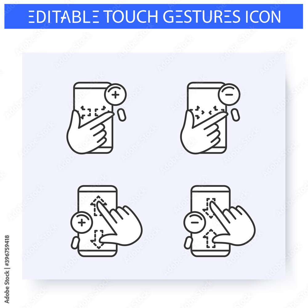 Poster zoom hand gestures line icons set.vertical and horisontal zoom.pinch, sizing. multitouch gestures fo