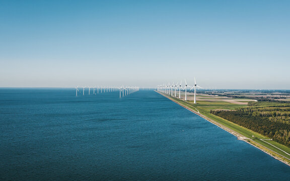 Offshore and near-shore wind farm Windpark Noordoostpolder near Urk, Flevoland, The Netherlands. Aerial view. 