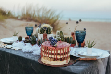 wedding decorated table with succulents and cactus on the sand. wedding cactus and succulents...