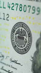 Fototapeta premium Stamp on a dollar banknote with an eagle and the words United states federal reserve system