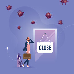 Coronavirus COVID-19 social distancing impact on entrepreneur or small business shop to closed with problem of employment, Business shop owner with closed sign and COVID-19 virus pathogen