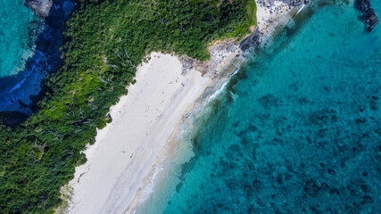 無人島の美しいビーチを見下ろすドローン空撮写真