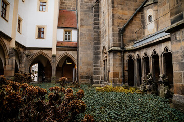 Fototapeta na wymiar The inner courtyard inside medieval gothic Meissen cathedral (Meissner Dom), stone arches and sculptures in the monastery garden in winter day, Meissen, Saxony, Germany