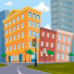 City street. Skyscrapers and houses, road and traffic lights. Cartoon style vector illustration.