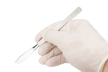 Scalpel in right men's hand in glove isolated on white background