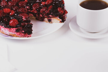 sweet strawberyy , blackberry, cherry or other berries pie or tart on white background.
