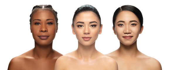 Collage. Multi-ethnic beauty. Different ethnicity and beautiful young women isolated on white...