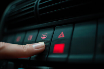 Woman's finger presses the emergency button highlighted in red on the instrument panel close up