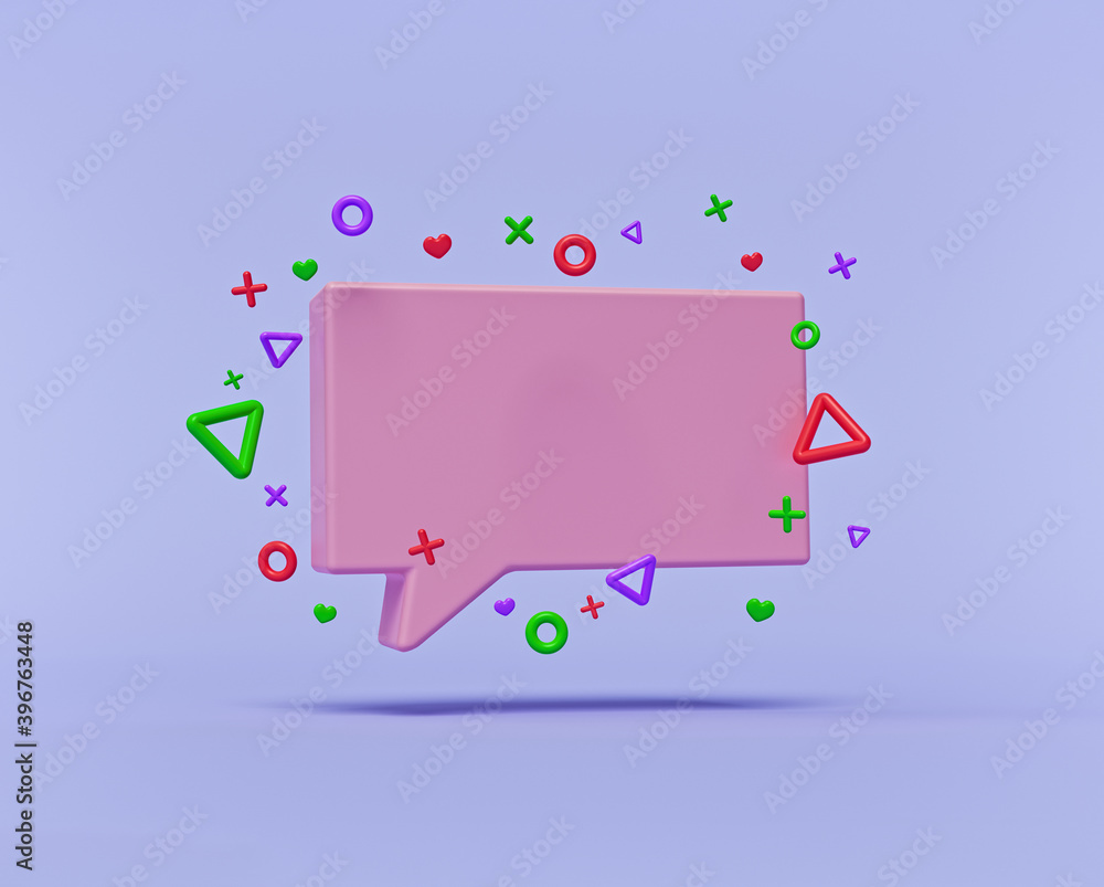 Poster chat bubble with colorful abstract decorations. minimal design with copy space. 3d rendering